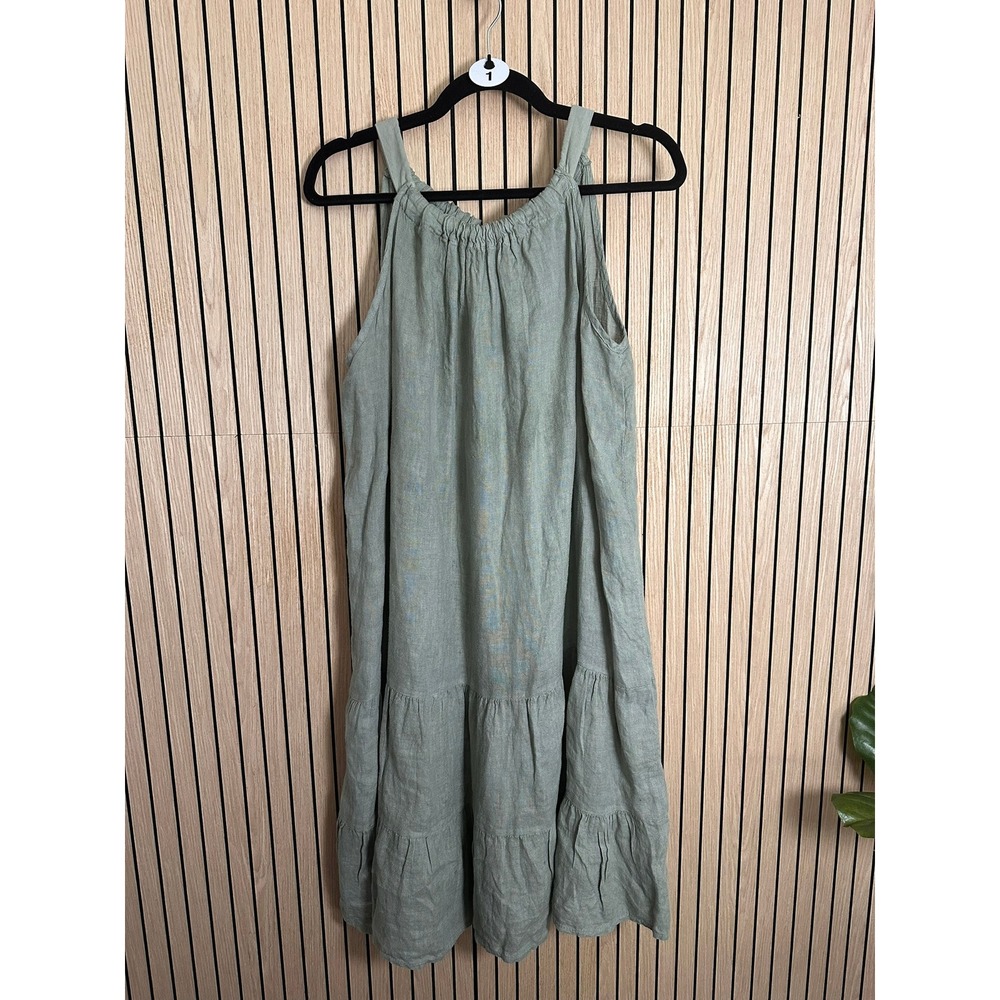 001 Bellambra Made in Italy 100% Linen Tiered Halter Dress (XL, Sage Green, EUC)